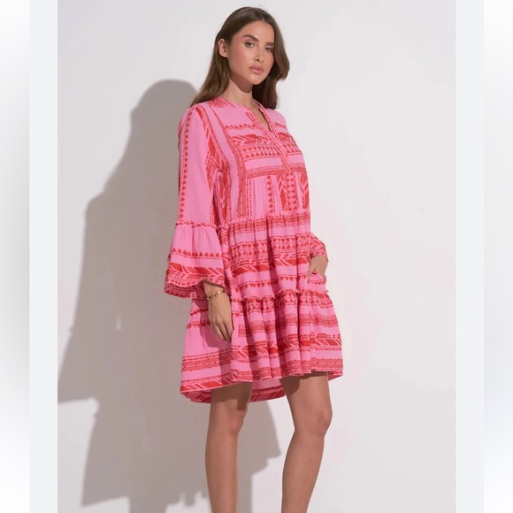 Elan Dresses & Skirts - Elan Pink Red Embroidered Boho Tiered Charli Mini Dress Bell Sleeve Size M